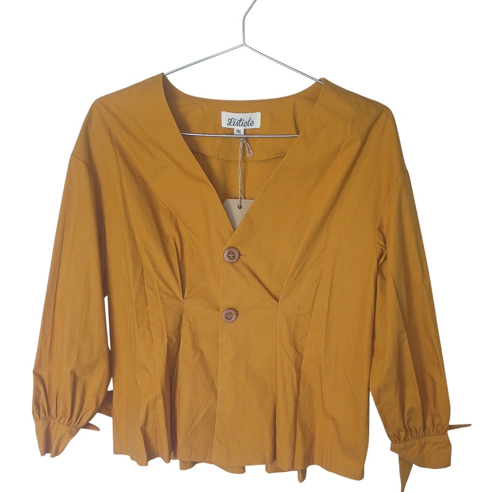 Listicle Mustard Yellow Pleated Waist V-Neck Blouse with Tie Cuffs Size M